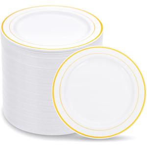 WELLIFE 144Pcs Gold Dessert Plates, 7.5 Inch Plastic Appetizer plates, Heavy Duty plastic Party Plates, White and Gold Plastic plate for Party and Wedding