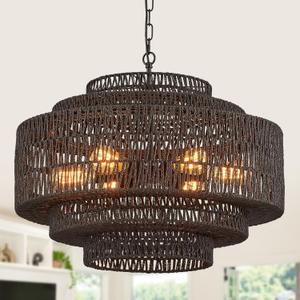 25.68" Large Rattan Chandelier Light Fixture 6-Light Hand-Woven Boho Bamboo Black Chandeliers 5-Tier Vintage Farmhouse Coastal Rattan Chandelier for Living Room,Dining Room,Bedroom Entryway