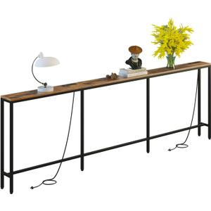 102" Behind Couch Table with Fast Charging Station, 7.1" Narrow Skinny Sofa Table with 4 Power Outlets, 4 USB APorts, 2 USB-C Ports for Console Entryway, Rustic Brown