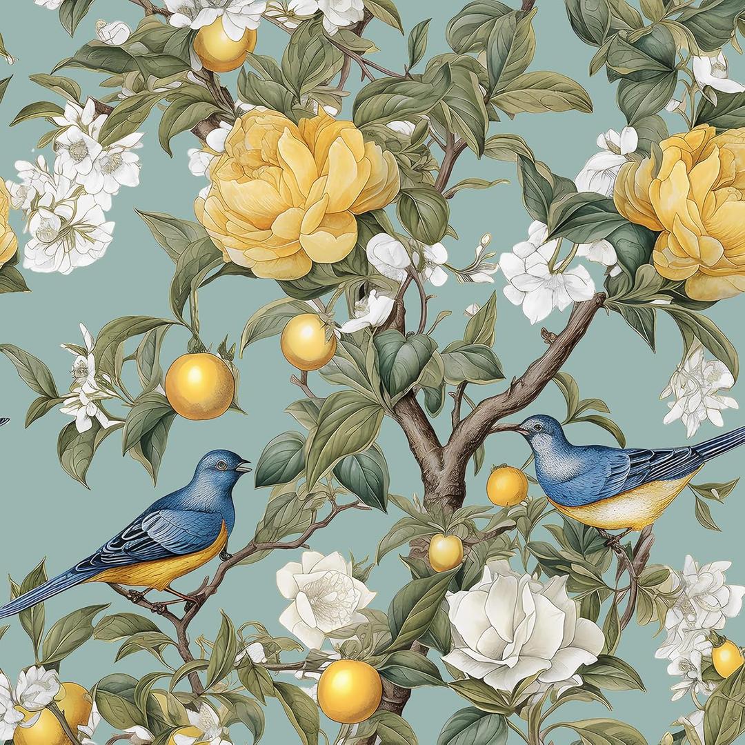 Danodoi Blue Bird Wallpaper Peel and Stick Lemon Tree Wallpaper Green Floral Contact Paper for Cabinets Waterproof Self Adhesive Wall Paper for Kitchen Countertop Wall 17.5" x 393" (Black)