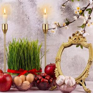 10 Pcs Nowruz New Year Haft Seen Set Antique Gold Resin Frame Decorative Mirror with Golden Candlesticks and Mini Glass Bowls for Nowruz Haft-sin Table Setting Tradition Decor