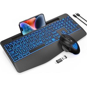 Wireless Keyboard and Mouse Backlits, Wrist Rest, LED Mouse, Rechargeable Ergonomic Keyboard with Phone Holder, Silent Light Up Combo for Computer, Mac, PC, Laptop, Chromebook (Black Large Print)