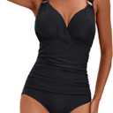 KI LAPHEE One Piece Bathing Suit for Women Tummy Control Swimsuits V Neck Ruched Cross Back Self Tie (Black)