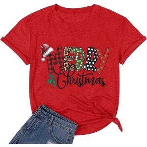 Merry Christmas Tshirts Women Funny Cute Snowflake Letter Print Graphic Print Tee Best Xmas Gifts Holiday Tops (Red, M)