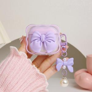 Compatible with Apple AirPods 4 Generation 2024 Case Cover, Cute 3D Bow Tie Design Shockproof Soft Clear TPU Kawaii Airpods 4 Protector with Keychain for Women Girls, Purple Bow