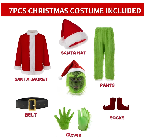 DJKFAEK Green Monster Santa Claus Costumes for Men,Christmas Furry Santa Claus Costume Include Mask for Halloween Cosplay (M)