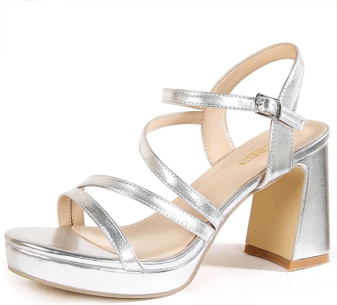 rsxses Platform Chunky Heels for Women Ankle Strap Heels Strappy Sandals with Open Toe Wedding Prom Bridal Women Dress Shoes (Silver, S) Size 11