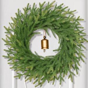 Christmas Wreath Decorations - 24 Inch Norfolk Pine Wreath with Vintage Charm Cow Bell, Christmas Wreaths for Front Door, Christmas Door Wreath for Outdoor Indoor Wall Windows Christmas Decor (1 Pack)