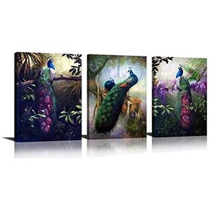 HLJ ART Modern Colorul Peacock Wall Decor 3 Panels Large Animals Painting Prints on Canvas for Home and Office Decoration