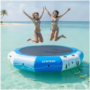 ACWYENN Inflatable Water Trampoline for Lake, Floating Water Trampoline with Rope Ladder and Mooring Ropes Without Pump Blue (10FT Blue-White)