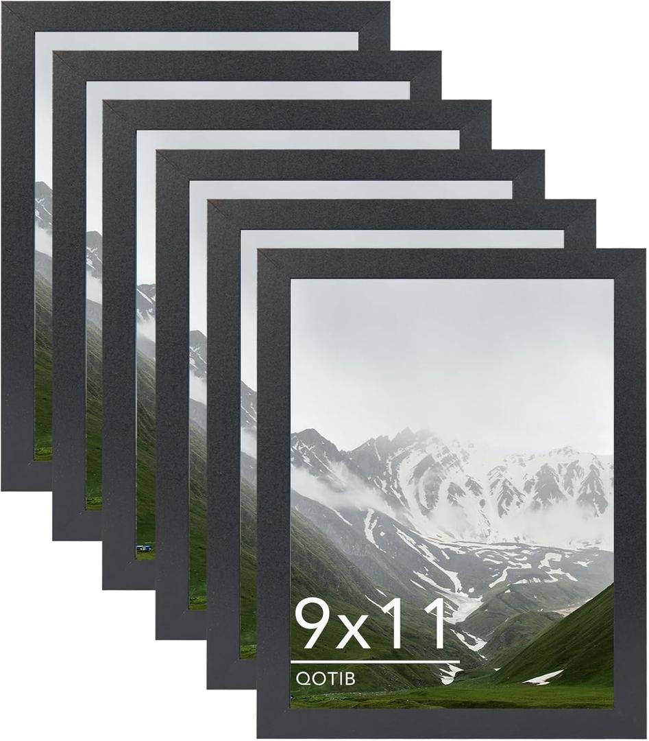 QOTIB 9x11 Picture Frame Black for Wall Mounting or Tabletop Set of 6, Wood 9 x 11 Frame Photo Frame for Wall Hanging Horizontally or Vertically, Black, 6 Pack