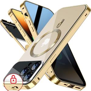[Full Camera Protection& Mechanical Lock]Magnetic Privacy Case for iPhone 14 Pro Max[Compatible with MagSafe][CD Metal Ring]Full Body Shockproof Metal Bumper, 9H Anti Peeping Glass Cover-Gold