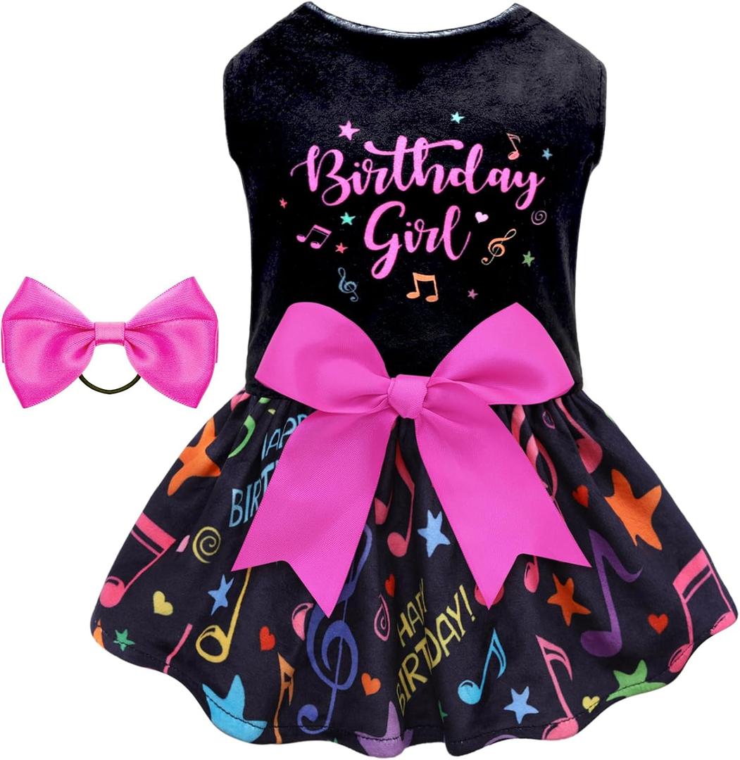 CuteBone Birthday Dog Dresses Velvet Holiday Small Dogs Clothes Onesie Pet Apparel Girl Puppy Skirt with Bow Hair Rope CVA50XS-D (Happy birthday song), Size XS