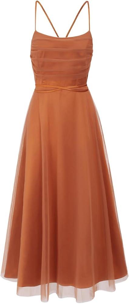 Women Backless Dress Sleeveless Elegance Mesh Ruffled Tie-Up Midi Dresses Flared for Party Wedding Evening Gown, XL