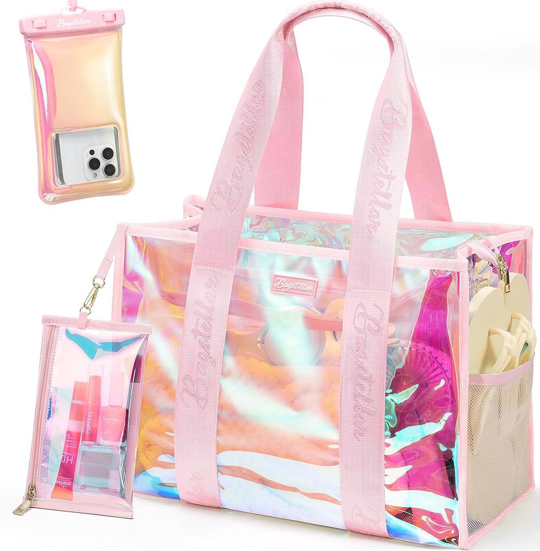 Bagstellar Iridescent Beach Tote Bags for Women, Large Zipper Beach Pool Swim Bag with Makeup Bag & Waterproof Phone Pouch | Waterproof Sandproof, Adjustable Strap, Packable, Foldable, Travel Tote Bags, Vacation Essentials, Gift for Women