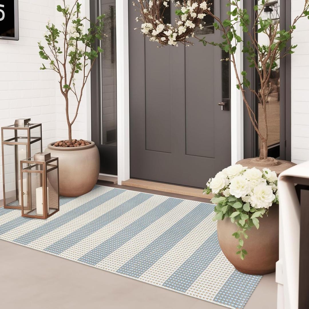 Boho Striped Outdoor Mats for Front Door 2'x4.3',Blue and Cream Washable Rug Runner,Cotton Hand Woven Indoor Outdoor Rugs,Foldable Farmhouse Layered Door Mats for Entryway