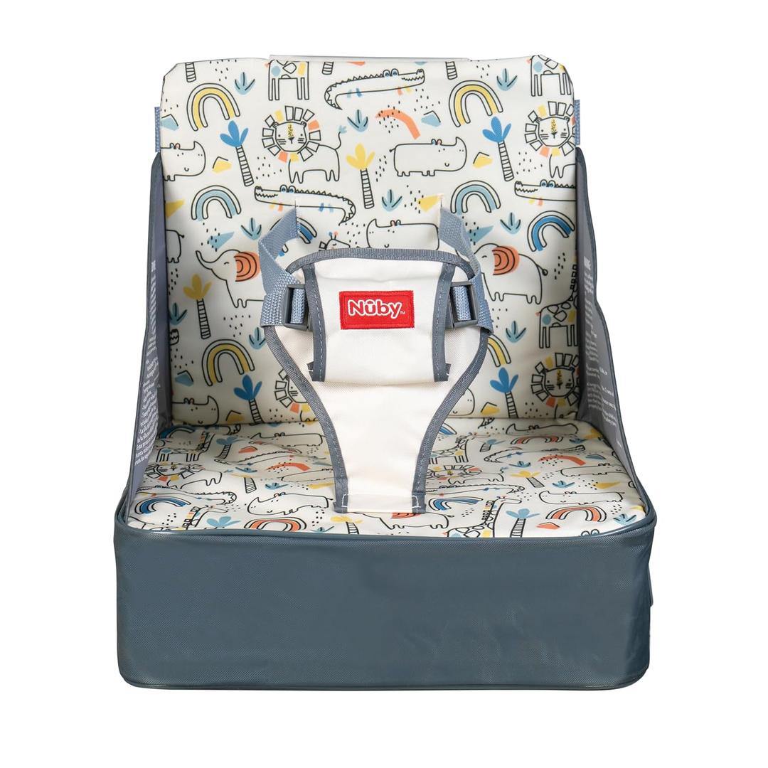Nuby Easy Go Booster Seat - Travel Booster Seat for Babies and Toddlers with 3-Point Harness - 9+ Months - Beige Safari Print
