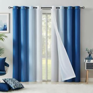 Blue Blackout Curtains with Ombre Sheers Overlay 84 Inch Long for Living Room Bedroom Decor, Mix and Match Double Layer 90% Blackout Window Drapes for Children Room, Nursery, Grommet Top, 52"W, 4Pcs