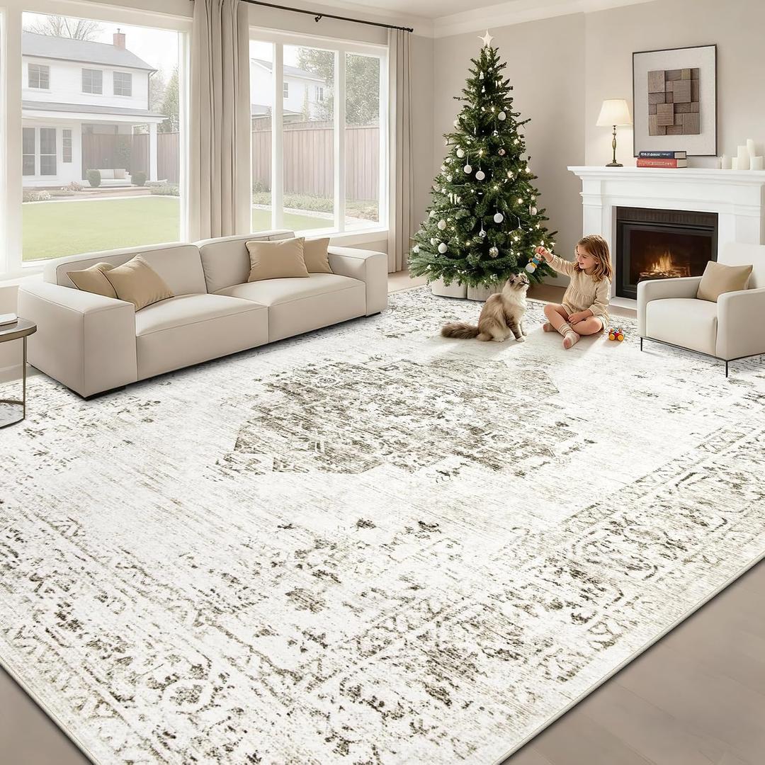 8x10 Area Rugs for Living Room: Washable Vintage Large Retro Rug Soft Non-Slip Indoor Low Pile Carpet for Bedroom Dining Room Office (Taupe, 8' x 10')