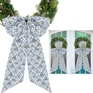 HunnmingRe 2 Pcs Blue Block Print Bow Wreath Sash 24 x 16 Inch Christmas Wreath Sash for Front Door Holiday Floral Burlap Bow Accessories for Doorway Indoor Outdoor Garland Home (Blue)