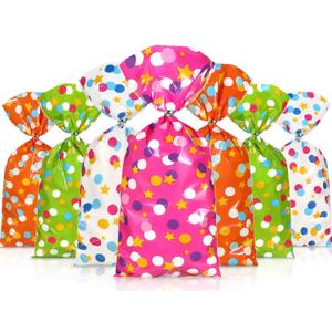 Pajean 100 Pcs Cellophane Treat Bags, Polka Dots Goodie Star Party Favor Treat Candy Bags with 100 Twist Ties Rainbow Stars Theme for Birthday Pride Day Party Supplies (Dot Style)