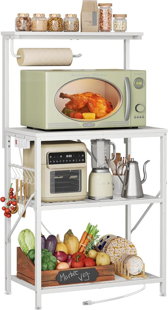 Huuger 4-Tier Bakers Rack with Reversible Power Outlet, 23.6 Inch Microwave Stand, Kitchen Coffee Bar, with Top Shelf, 6 S Hooks, White