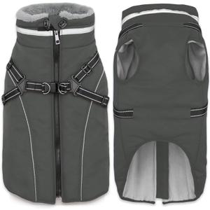 Fragralley Dog Coat with Harness Built in, Waterproof Windproof Reflective Warm Puffer Jacket, Fleece Lined Vest Winter Parka for Small, Medium, Large Dogs (Grey)