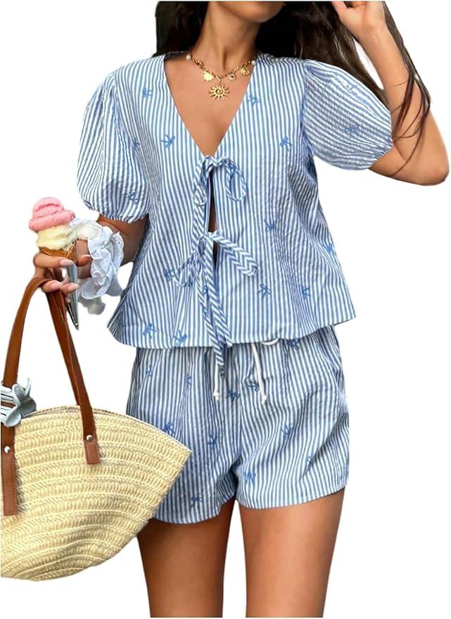 Milumia Women's 2 Piece Outfit Striped Bow Tie Puff Sleeve Blouse and Shorts Set Blue Small