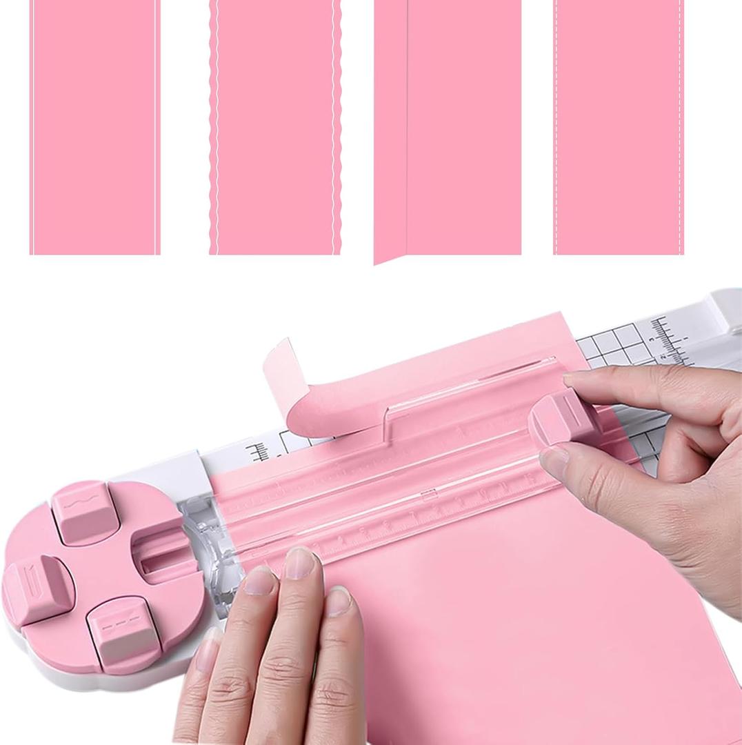 Paper Cutter,4-in-1 Paper Trimmer,Photo Cutter,Multi-Function Scrapbooking Tool with Dial Blades of Straight,Wave,Perforated,Creasing for Cutting Paper,Coupons,Postcards,Card (Pink)