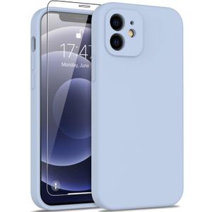 DEENAKIN Compatible with iPhone 12 Silicone Case with Screen Protector,Enhance Camera Protection,Soft Flexible Slim Fit Protective Phone Cover 6.1" for Women Girls Light Blue