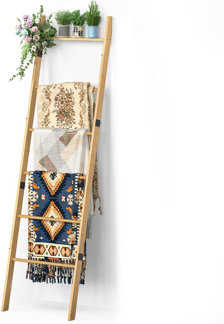 BAMBANG 6-Tier Blanket Ladder for Living Room, Blanket Quilt Ladder Rack Rustic Decorative Towel Holder, Wall Leaning Blanket Ladder Shelf Storage Farmhouse Decor for Bedroom Bathroom, Natural
