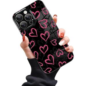 Soft Case for iPhone 16 Pro Case, Slim Cute Love Heart Pattern | Glossy Plating Flexible Camera Protection Back Cover for Girls Women, Black (Pink Heart)