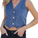 luvamia Jean Vests for Women Crop Denim Top Button Down Waistcoat Vest Tank Tops Fashion Casual Sleeveless Jacket M