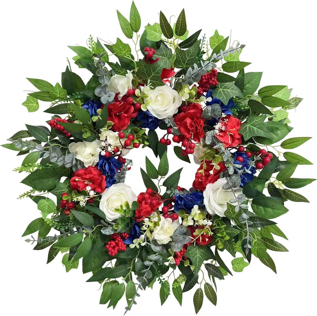 24 Inch 4th of July Wreath, Patriotic Wreaths for Front Door, Red White Blue Spring Summer Door Wreaths for Independence Day,Memorial Day Wreaths for Front Door Wall Window Decor