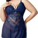 Plus Size Lingerie for Women Lace Chemise Sexy Mesh Chemise Teddy Babydoll Lingerie Exotic V Neck Sleepwear (XXXL)