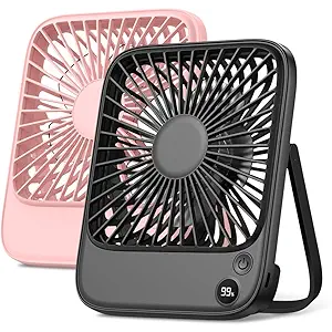 TOPK 2 Pack 5000mAh Portable Desk Fan, Ultra-thin Strong Wind Digital Display 4 Speeds Adjustable Small Quiet Battery Powered Personal Travel Fan for Bedroom,Office,Cruise,Library,Outdoor Black