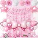 Pink Bow Birthday Party Supplies,Coquette Birthday Decorations,Include Pink and White Bow Balloons Happy Birthday Banner Fringe Curtain Tissue Paper Pompoms Garland