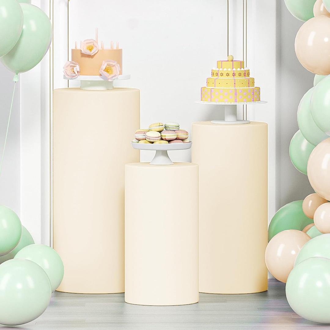 LEBENGURU 3Pcs Cylinder Pedestal Stand Covers Beige, Round Spandex Display Pedestal Covers, Elastic Cloth Plinth Pillar Cover for Parties Wedding Birthday Event Decor Props (Only Covers)