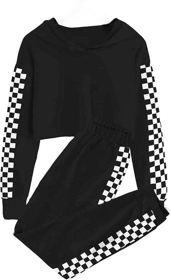 Girls Clothes Set Kids Crop Top + Plaid Pants Outfits Tracksuit Hooded Sweatshirt Sweatpants 2 PC, 130