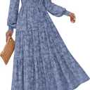 KIRUNDO Wedding Guest Dresses for Women 2026 Spring Summer Long Sleeve Smocked Floral Flowy Baby Shower Maxi Dress Pockets (Blue, M)