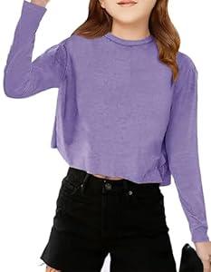 Girls Long Sleeve Crop Tops Kids Fashion Loose Crew Neck Cropped T-Shirts Casual Basic Tees Purple (160)