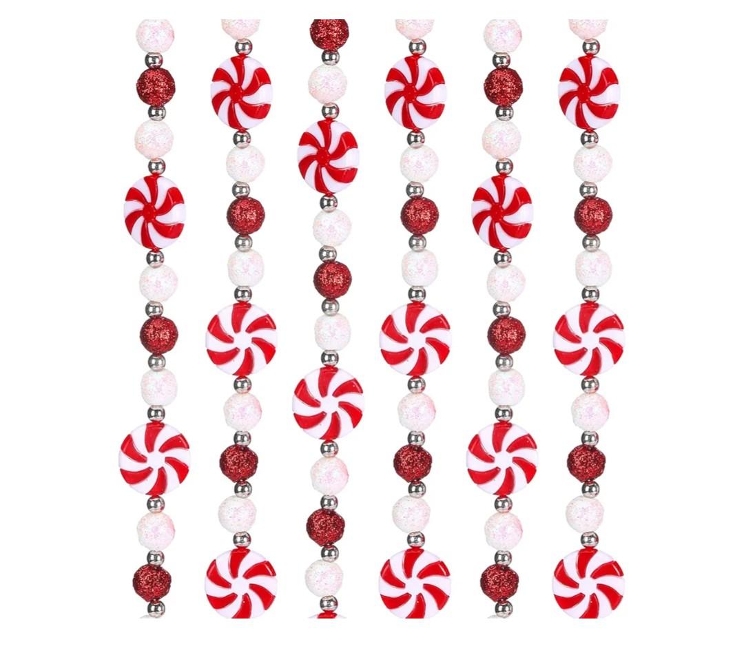 16 Feet Christmas Candy Cane Garland Decor for Christmas Tree Red White Xmas Peppermint Ornaments Xmas Bead Ball Lollipop Wreaths Hanging Ornament for Holiday Party Fireplace Fence Home Decor