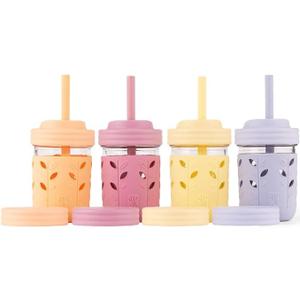 Elk and Friends Kids + Toddler Glass Cups | The Original 8oz Glass Mason Jar with Sleeves + Lids | Silicone Straws + Stopper | Smoothie Cup | Food Storage | Spill Resistant | Dishwasher Safe | 4 Pack