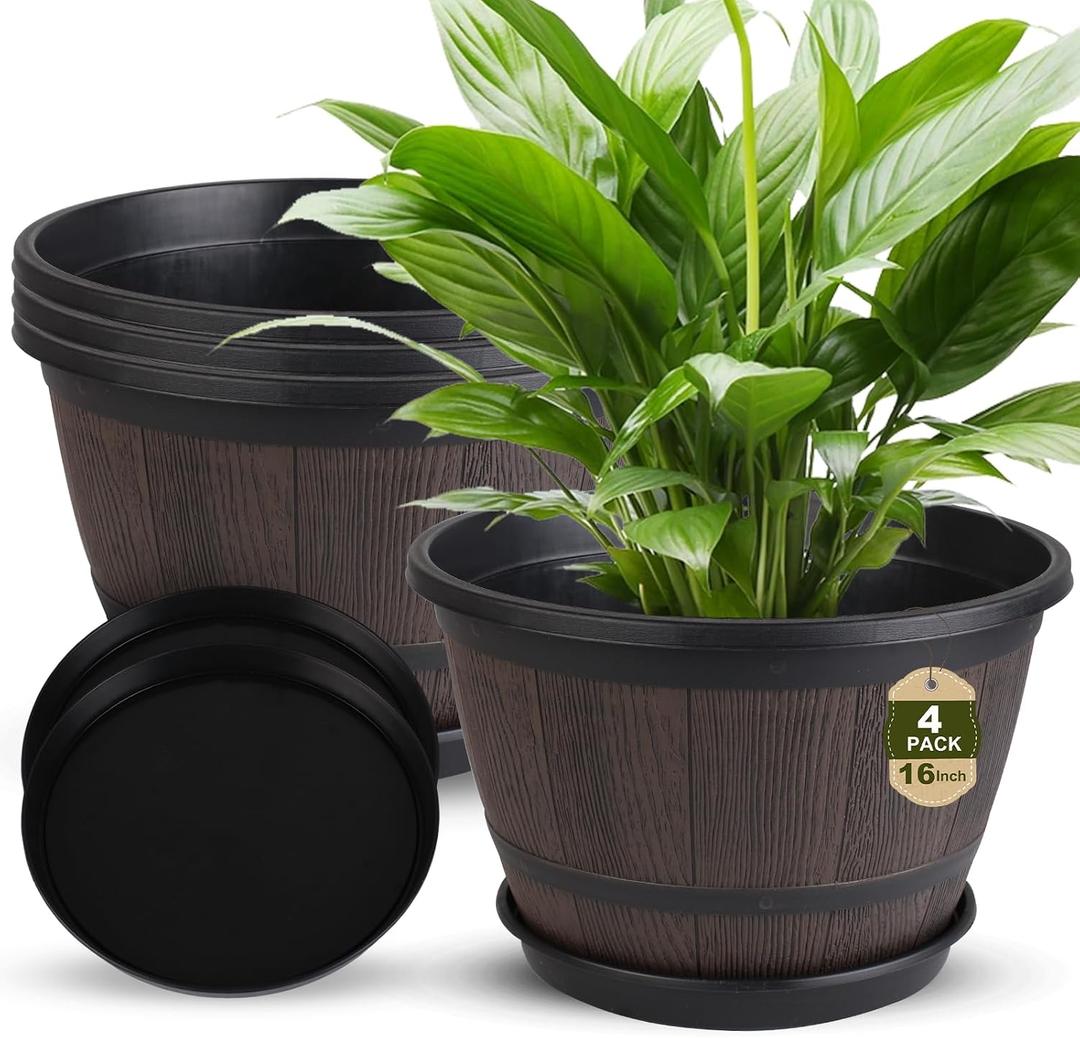Myfeegoin 16-inch-Large-Pots-for-Plant-Outdoor, 4 Pack Plastic Whiskey Barrel Planters Plant Pots with Drainage Hole & Saucer, Decorative Indoor Flower Pot for House Garden Porch