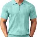 COOFANDY Men's Zipper Polo Shirts Short Sleeve Ribbed Knit Polo T Shirts Fashion Casual Golf Shirts (Large, Green)