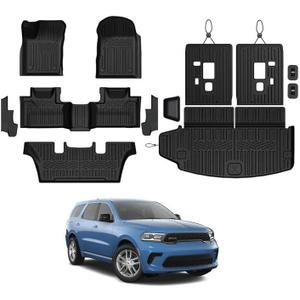 Floor Mats Set for 2016-2026 Dodge Durango (Only for 6 Seats with Captain Chairs), All Weather TPE Backrest Mat Trunk Mat Cargo Liner Door Sill Guards Accessories (6 Seats Floor Mats Set)