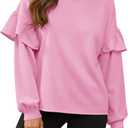 Fisoew Womens Crewneck Sweatshirts Fall Casual Ruffle Long Sleeve Roll Hem Loose Cropped Pullover Tops (Pink)