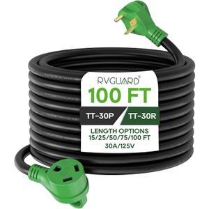 RVGUARD 30 Amp 100 Foot RV Extension Cord, Heavy Duty 10/3 Gauge STW Cord with LED Power Indicator and Cord Organizer, TT-30P/R Standard Plug, Green, ETL Listed (100 Foot)