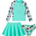 Girls Rash Guard 3 Piece Swimsuit Set UPF 50+ Long Sleeve Swim Skirt Sets Size: 11-12 Years (Palm Tree)