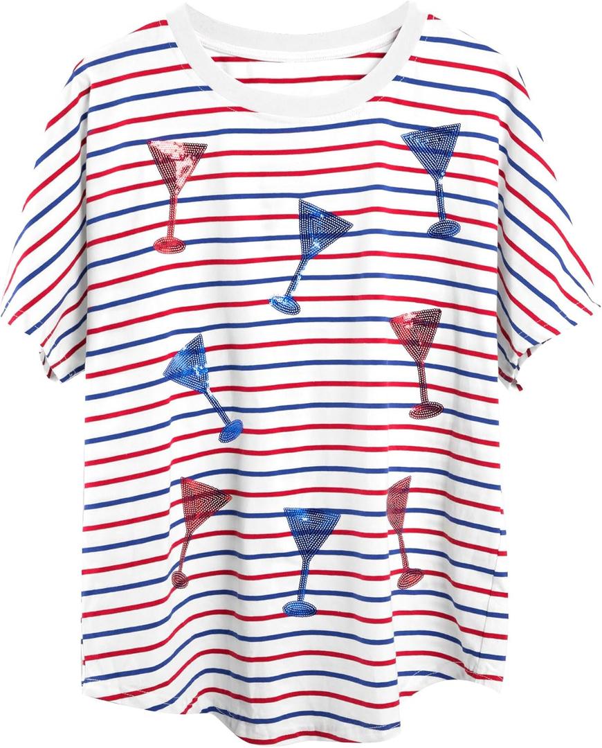 MNLYBABY 4th of July Shirt Women Sequins Wine Glass Shirts American Patriotic Graphic Tee Stripe USA Independence Day Top XL